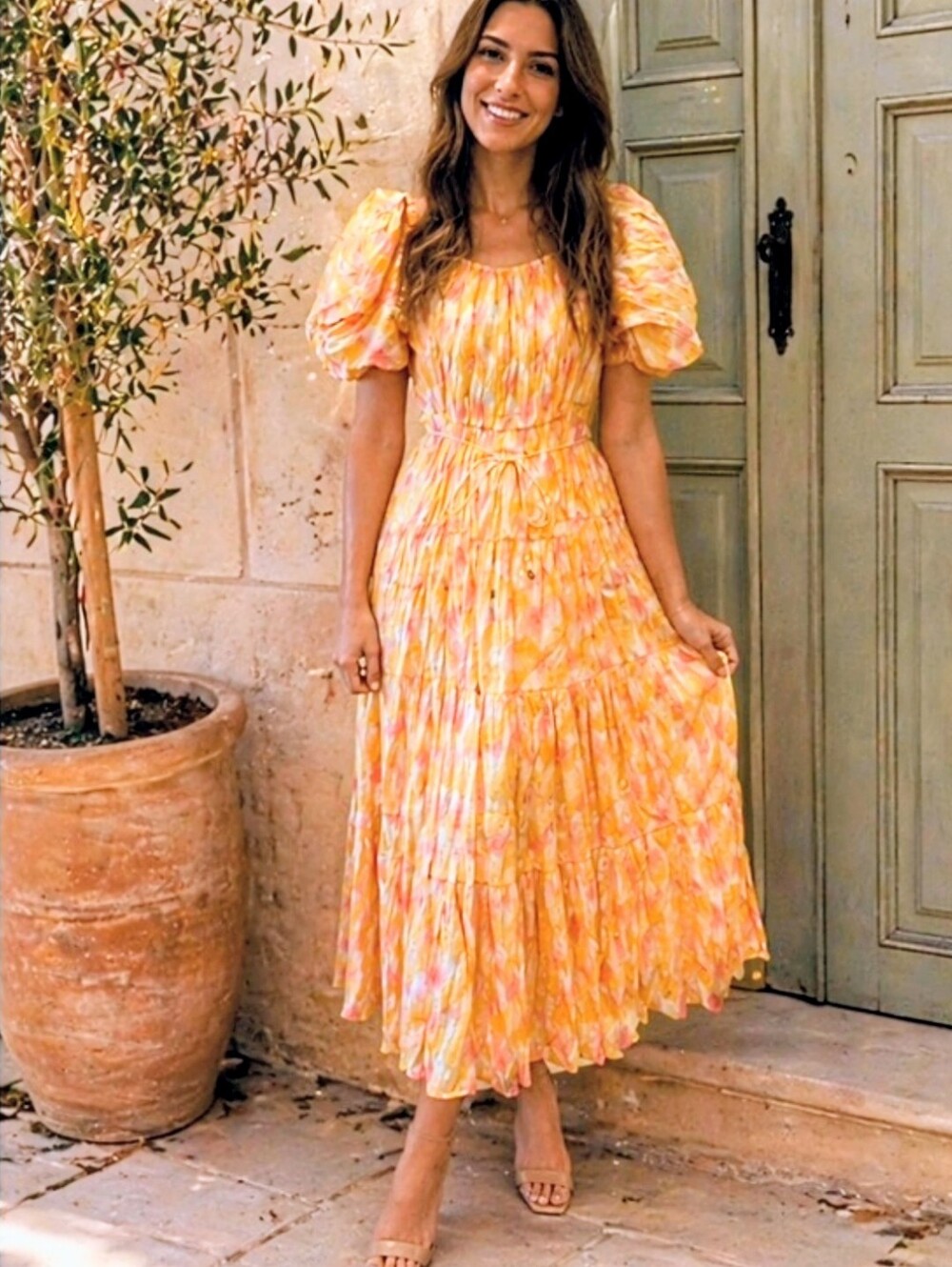Smocked Puff-Sleeve Yellow Floral Midi Dress